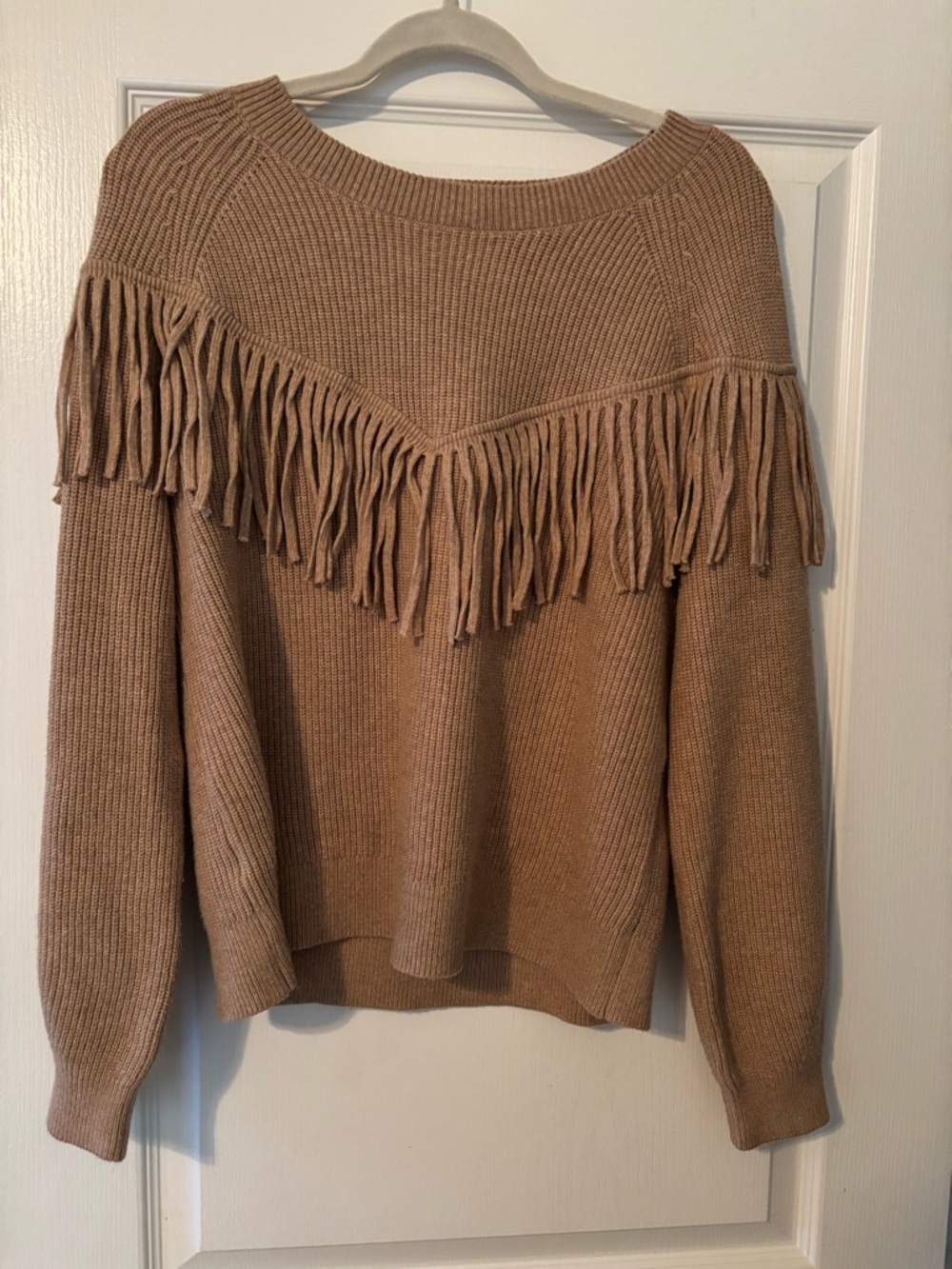 Fringe Detail Crewneck Sweater - Camel